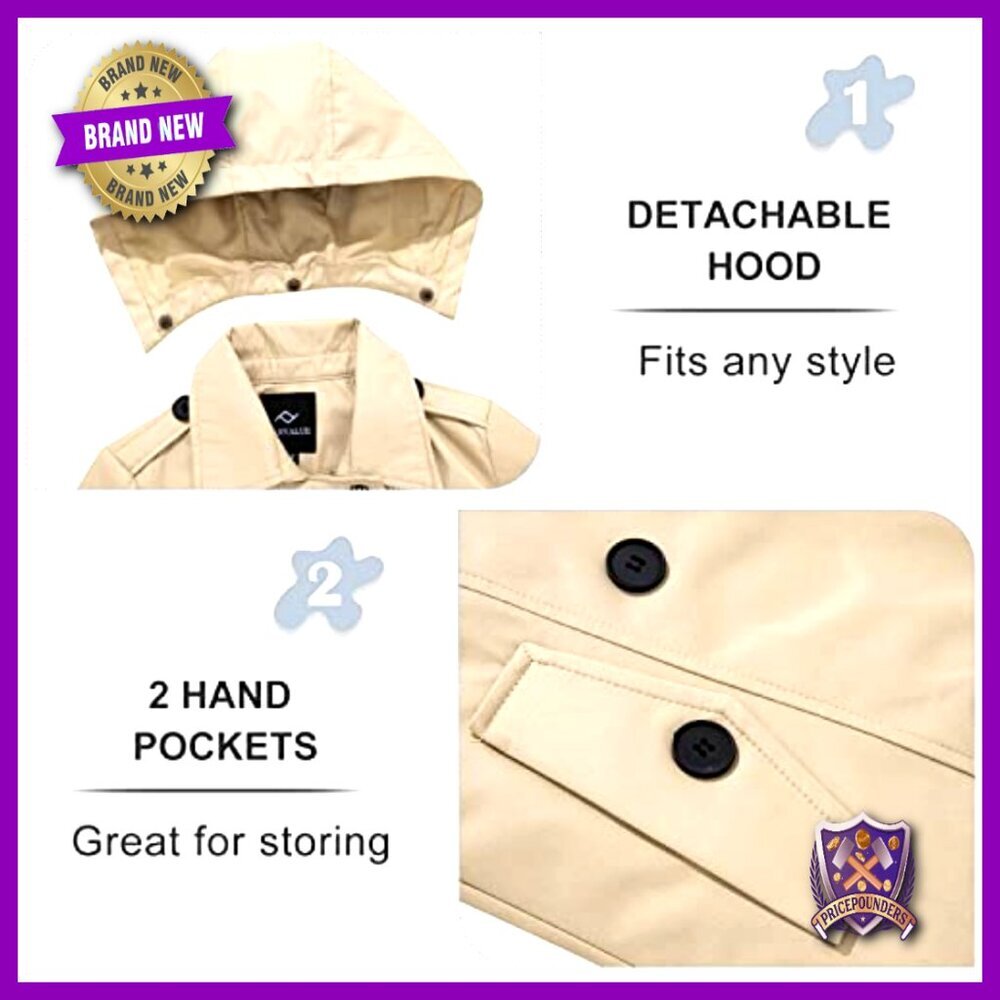 Waterproof Trench Coat Double Breasted Classic Belted Lapel Removable Hood - Picture 4 of 7